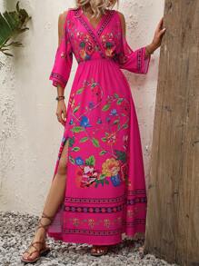 Breezaya Floral Print Cold Shoulder Split Thigh Dress - Hot Pink - View 6