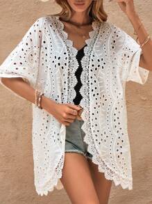 Swim Vcay 鏤空蕾絲花邊落肩袖網眼刺繡和服罩衫 - 白色 - 查看 6