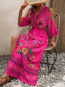 Breezaya Floral Print Cold Shoulder Split Thigh Dress - Hot Pink - View 7