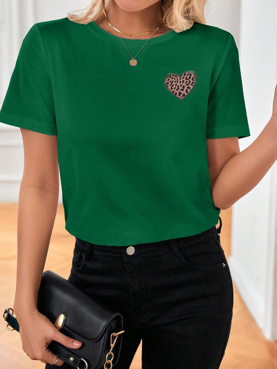 SHEIN Frenchy Áo thun nữ Tim In hoa Báo Giải trí - Màu xanh lá cây đậm - Xem 1