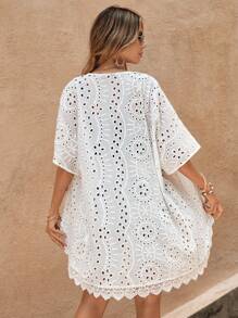 Swim Vcay 鏤空蕾絲花邊落肩袖網眼刺繡和服罩衫 - 白色 - 查看 2