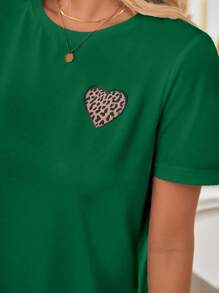 SHEIN Frenchy Áo thun nữ Tim In hoa Báo Giải trí - Màu xanh lá cây đậm - Xem 2