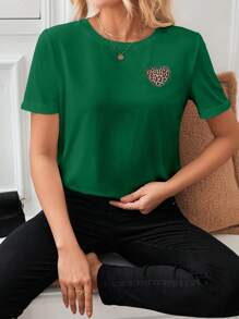 SHEIN Frenchy Áo thun nữ Tim In hoa Báo Giải trí - Màu xanh lá cây đậm - Xem 5