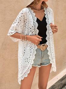 Swim Vcay 鏤空蕾絲花邊落肩袖網眼刺繡和服罩衫 - 白色 - 查看 4