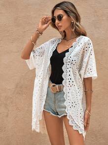 Swim Vcay 鏤空蕾絲花邊落肩袖網眼刺繡和服罩衫 - 白色 - 查看 5