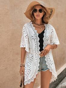 Swim Vcay 鏤空蕾絲花邊落肩袖網眼刺繡和服罩衫 - 白色 - 查看 1