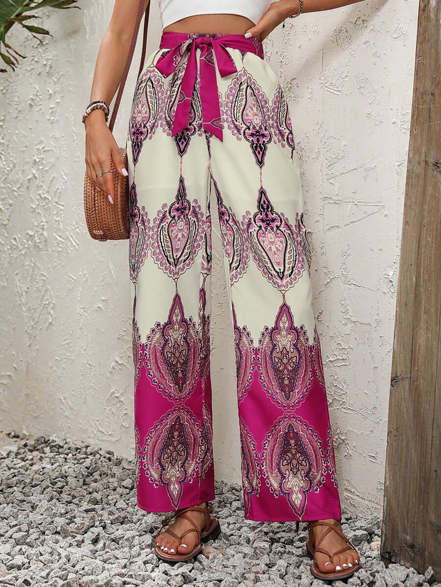 SHEIN LUNE Graphic Print Belted Wide Leg Pants - Pink - View 1