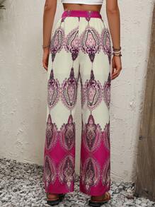 SHEIN LUNE Graphic Print Belted Wide Leg Pants - Pink - View 2