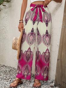 SHEIN LUNE Graphic Print Belted Wide Leg Pants - Pink - View 4