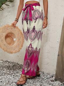 SHEIN LUNE Graphic Print Belted Wide Leg Pants - Pink - View 5