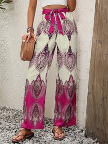 SHEIN LUNE Graphic Print Belted Wide Leg Pants - Pink - View 7