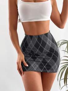 Cottnline Plaid Print Bodycon Skirt - Dark Grey - View 5