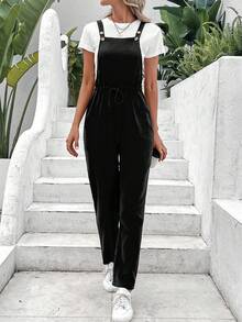 SHEIN LUNE Áo liền quần nữ Nút Dây kéo màu trơn Giải trí - màu đen - Xem 6