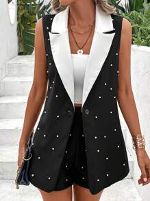 Chiquease Pearls Beaded Contrast Lapel Collar Vest Blazer & Shorts - Black and White - View 1