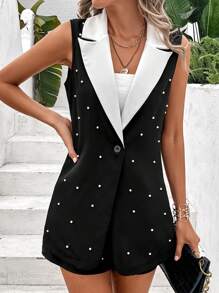 Chiquease Pearls Beaded Contrast Lapel Collar Vest Blazer & Shorts - Black and White - View 4