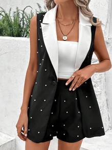 Chiquease Pearls Beaded Contrast Lapel Collar Vest Blazer & Shorts - Black and White - View 6