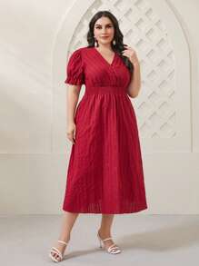 Mulvari 大碼交疊領泡泡袖連衣裙 - 酒紅色 - 查看 1