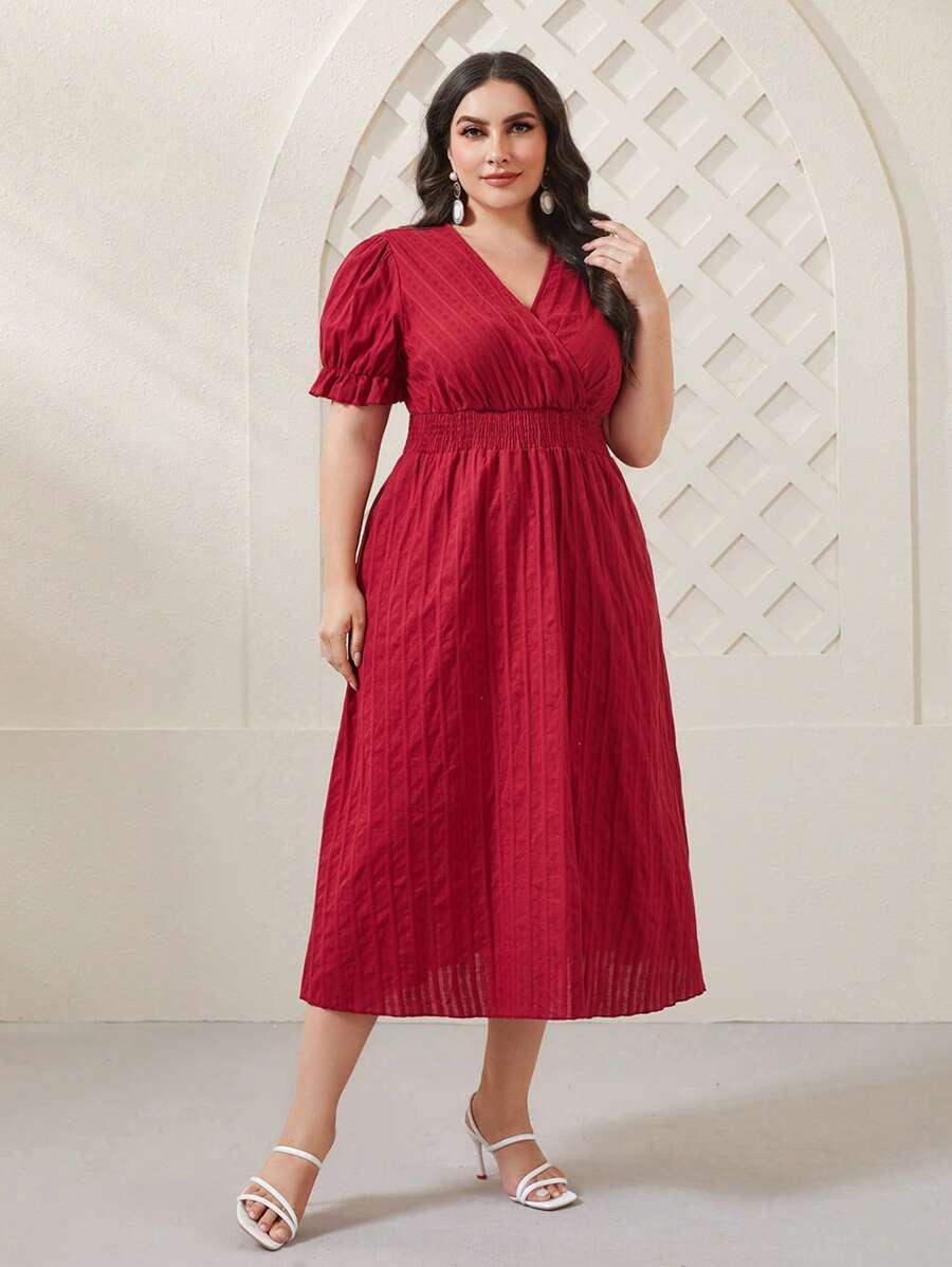 Mulvari 大碼交疊領泡泡袖連衣裙 - 酒紅色 - 查看 1