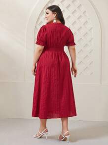 Mulvari 大碼交疊領泡泡袖連衣裙 - 酒紅色 - 查看 2