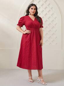 Mulvari 大碼交疊領泡泡袖連衣裙 - 酒紅色 - 查看 3