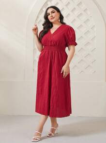 Mulvari 大碼交疊領泡泡袖連衣裙 - 酒紅色 - 查看 4