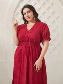 Mulvari 大碼交疊領泡泡袖連衣裙 - 酒紅色 - 查看 5