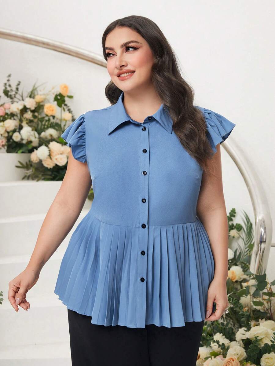 Mulvari Plus Ruffle Trim Pleated Hem Button Front Shirt - Dusty Blue - View 1