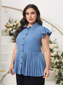 Mulvari Plus Ruffle Trim Pleated Hem Button Front Shirt - Dusty Blue - View 3