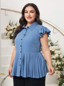 Mulvari Plus Ruffle Trim Pleated Hem Button Front Shirt - Dusty Blue - View 5