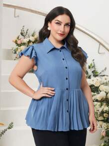 Mulvari Plus Ruffle Trim Pleated Hem Button Front Shirt - Dusty Blue - View 6