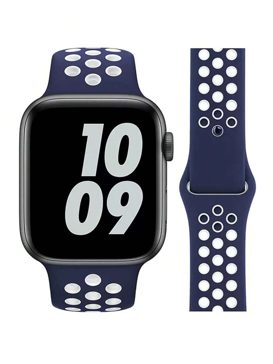 1入組男士女士鏤空綠色休閒矽膠錶帶，兼容Apple Watch - 藏蓝色 - 查看 1