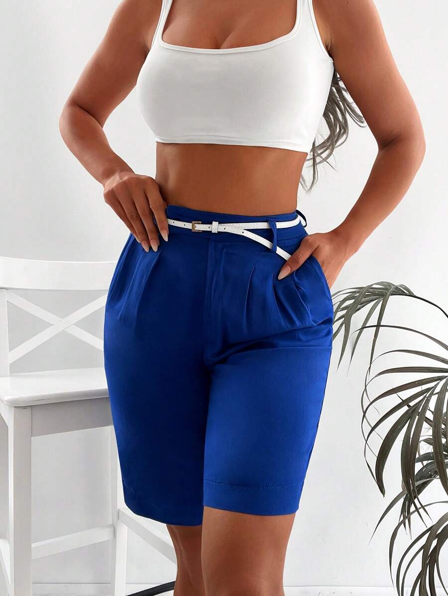 EURMUSE High Waist Plicated Detail Bermuda Shorts - Blue - View 1