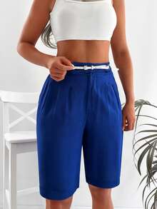 EURMUSE High Waist Plicated Detail Bermuda Shorts - Blue - View 3