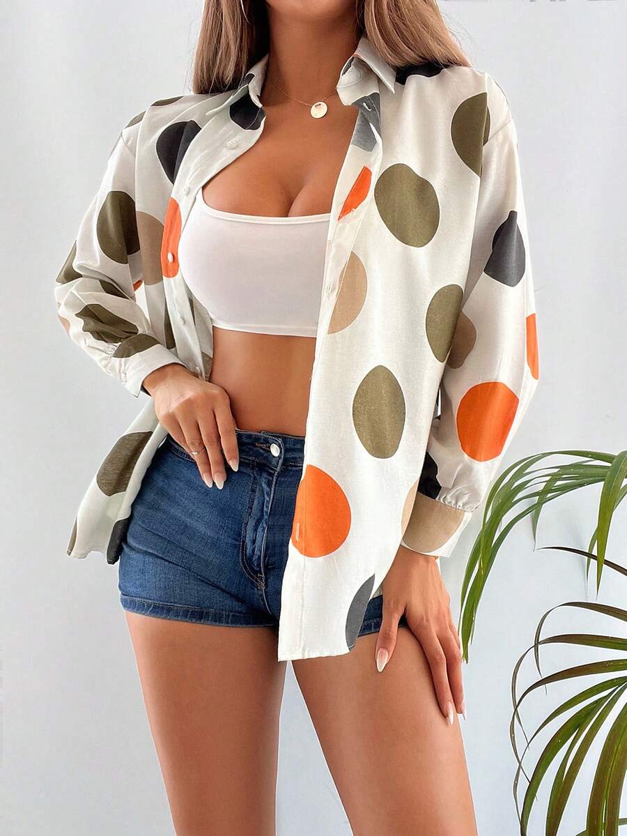 Cottnline Polka Dot Print Drop Shoulder Shirt - Multicolor - View 1