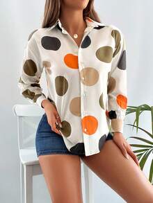 Cottnline Polka Dot Print Drop Shoulder Shirt - Multicolor - View 3