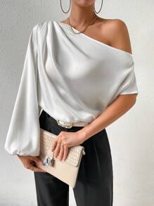 SHEIN Clasi Áo sơ mi nữ Bất đối xứng màu trơn Thanh lịch - trắng - Xem 1