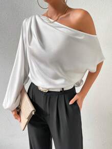 SHEIN Clasi Áo sơ mi nữ Bất đối xứng màu trơn Thanh lịch - trắng - Xem 4