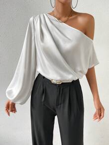 SHEIN Clasi Áo sơ mi nữ Bất đối xứng màu trơn Thanh lịch - trắng - Xem 5