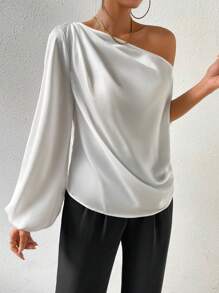 SHEIN Clasi Áo sơ mi nữ Bất đối xứng màu trơn Thanh lịch - trắng - Xem 6