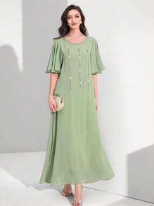 Al Najma Rhinestone Detail Flounce Sleeve Dress - Mint Green - View 1