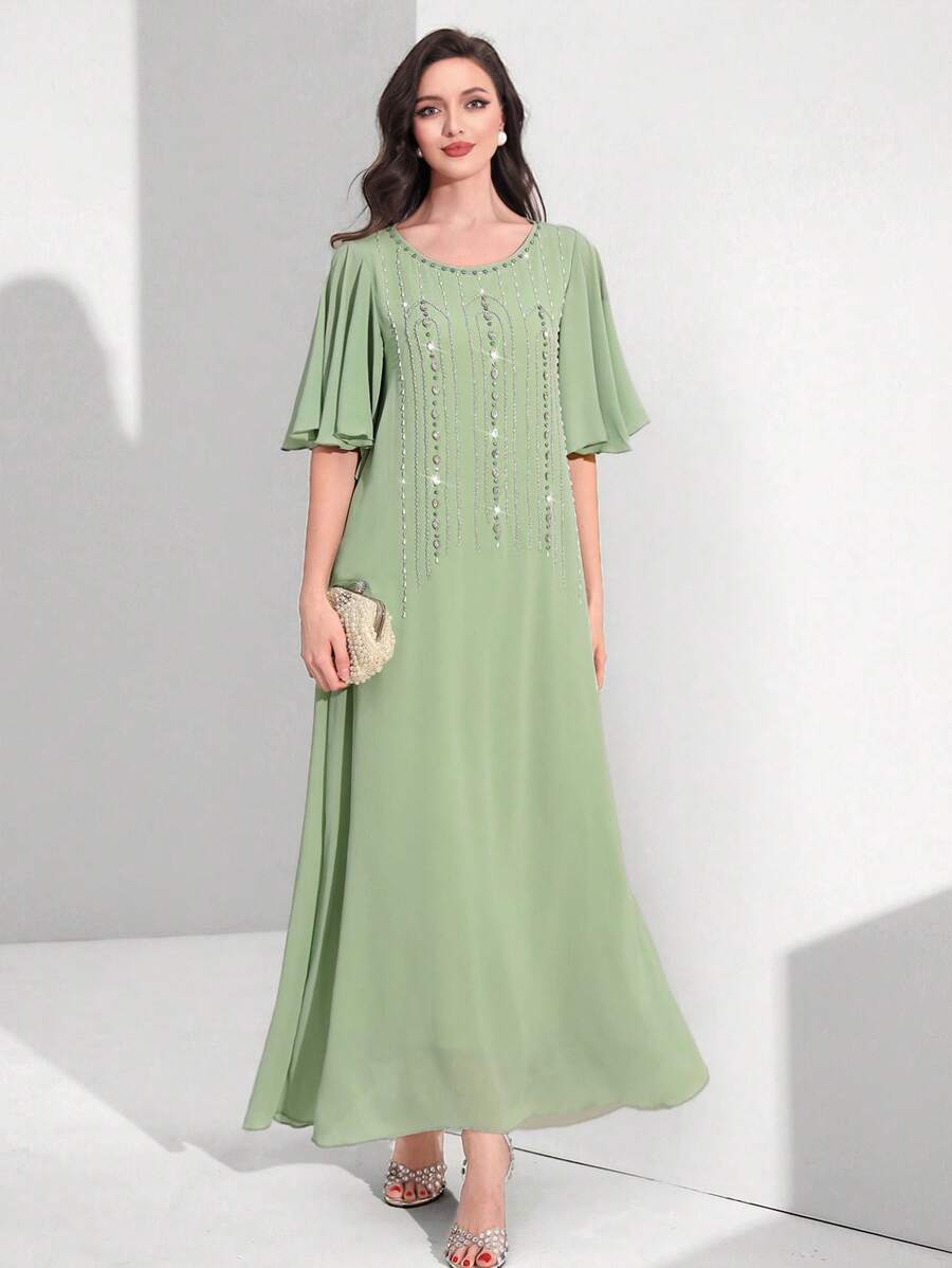 Al Najma Rhinestone Detail Flounce Sleeve Dress - Mint Green - View 1