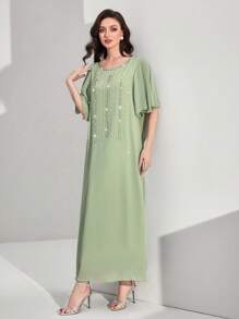 Al Najma Rhinestone Detail Flounce Sleeve Dress - Mint Green - View 3