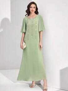 Al Najma Rhinestone Detail Flounce Sleeve Dress - Mint Green - View 4