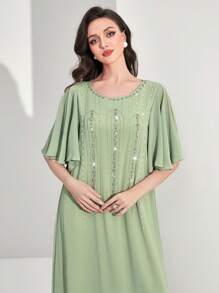 Al Najma Rhinestone Detail Flounce Sleeve Dress - Mint Green - View 5