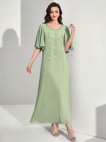 Al Najma Rhinestone Detail Flounce Sleeve Dress - Mint Green - View 6