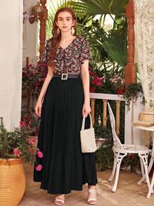 Seusyu 女士纯色日常百褶长裙 - 黑色 - 查看 4