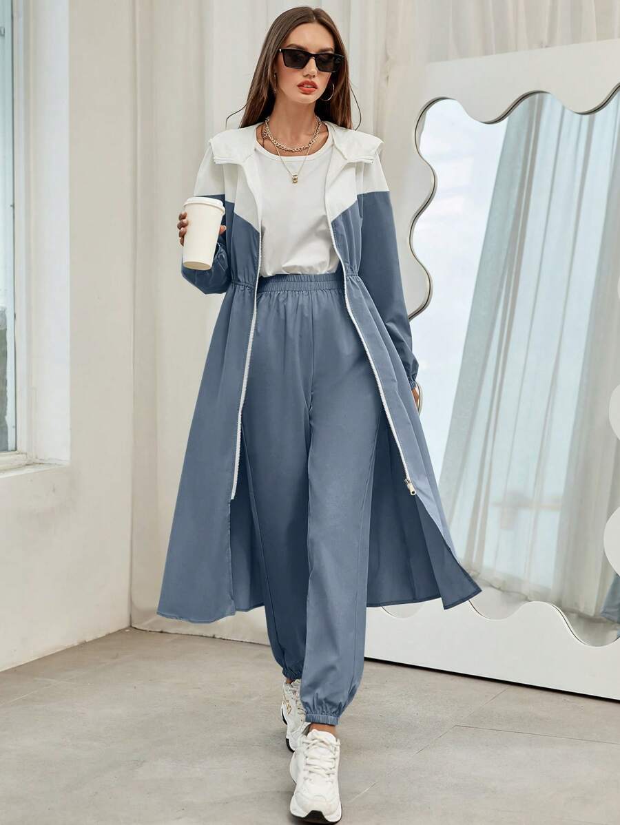 Mulvari 拼色拉链连帽外套和运动裤两件套 - 霧霾藍 - 查看 1