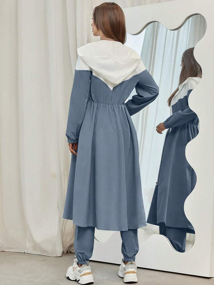 Colorblock Zip Up Hooded Coat & Sweatpants 2 Pieces Set Fall Cloth For Women