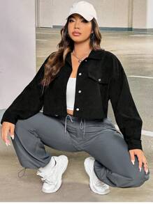 SHEIN EZwear 大碼1入組翻蓋細節落肩袖燈芯絨夾克 - 黑色 - 查看 1