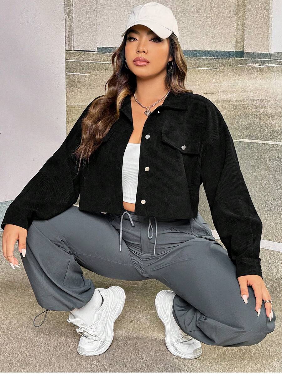 SHEIN EZwear 大碼1入組翻蓋細節落肩袖燈芯絨夾克 - 黑色 - 查看 1